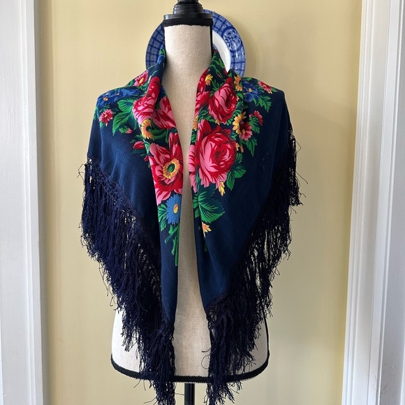 Square Floral Hand Printed Scarf with Fringe, Made in Japan - Picture 1 of 7